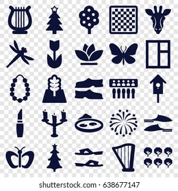 Decorative icons set. set of 25 decorative filled icons such as tree, giraffe, butterfly, lipstick, window, slippers, christmas tree, flower, pond, nesting house, harp