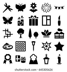 Decorative icons set. set of 25 decorative filled icons such as butterfly, lipstick, star, window, flower, tree, street lamp, pond, present, candle heart, party flag, ribbon