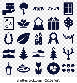 Decorative icons set. set of 25 decorative filled icons such as leaf, tree, window, slippers, christmas tree, flower, street lamp, pond, present, candle heart, party flag