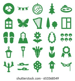 Decorative icons set. set of 25 decorative filled icons such as leaf, tree, giraffe, butterfly, window, slippers, flower, street lamp, pond, nesting house, harp, party flag