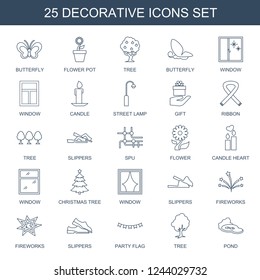 decorative icons. Set of 25 line decorative icons included butterfly, flower pot, tree, window, candle on white background. Editable decorative icons for web, mobile and infographics.