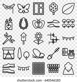 Decorative icons set. set of 25 decorative outline icons such as butterfly, tree, mascara, leaf, window, slippers, flower, nesting house, candle heart, party flag, mask