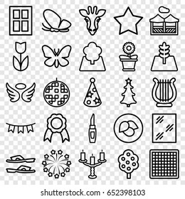 Decorative icons set. set of 25 decorative outline icons such as giraffe, butterfly, leaf, tree, window, wings, lipstick, star, slippers, flower pot, harp, party flag, ribbon