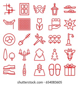 Decorative icons set. set of 25 decorative outline icons such as giraffe, leaf, tree, window, wings, mascara, lipstick, slippers, street lamp, present, fireworks, mask