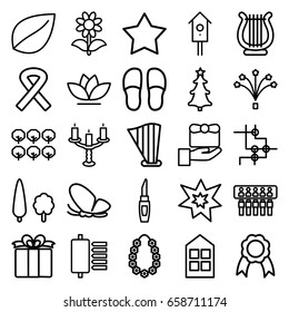 Decorative icons set. set of 25 decorative outline icons such as butterfly, tree, window, leaf, lipstick, star, slippers, flower, nesting house, present, harp, ribbon