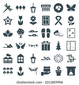 Decorative icons. set of 36 editable filled decorative icons such as leaf, tree, butterfly, window, wings, slippers, gift, flower, flower pot, street lamp, present, spu