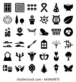 Decorative icons set. set of 36 decorative filled icons such as leaf, tree, giraffe, butterfly, window, wings, mascara, slippers, flower pot, flower, nesting house