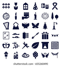 Decorative icons set. set of 36 decorative filled icons such as tree, butterfly, window, wings, mascara, leaf, lipstick, slippers, christmas tree, street lamp, pond