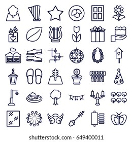 Decorative icons set. set of 36 decorative outline icons such as leaf, tree, window, butterfly, wings, mascara, star, slippers, flower pot, flower, street lamp, pond