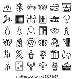 Decorative icons set. set of 36 decorative outline icons such as leaf, tree, window, butterfly, wings, slippers, flower pot, flower, street lamp, pond, present, candle heart