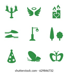 Decorative icons set. set of 9 decorative filled icons such as butterfly, wings, slippers, street lamp, candle heart, party hat, tree