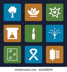 Decorative icons set. set of 9 decorative filled icons such as lipstick, window, flower, tree, fireworks, ribbon