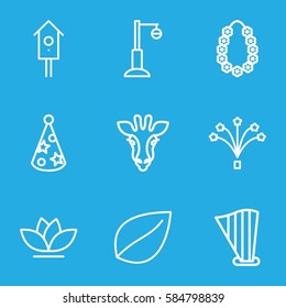 decorative icons set. Set of 9 decorative outline icons such as giraffe, leaf, flower, street lamp, nesting house, harp, fireworks, party hat