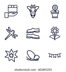 decorative icons set. Set of 9 decorative outline icons such as giraffe, butterfly, slippers, flower pot, flower, party flag, fireworks, dragonfly