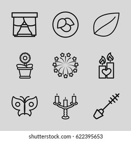 Decorative icons set. set of 9 decorative outline icons such as leaf, mascara, flower pot, candle heart, fireworks, candlestick, butterfly