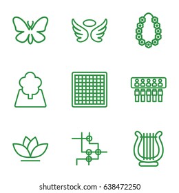 Decorative icons set. set of 9 decorative outline icons such as butterfly, wings, flower, harp, garland, tree, spu