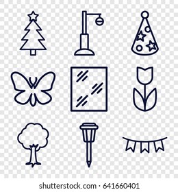 Decorative icons set. set of 9 decorative outline icons such as butterfly, window, tree, street lamp, party flag, party hat, christmas tree