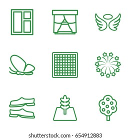 Decorative icons set. set of 9 decorative outline icons such as butterfly, tree, wings, window, slippers, fireworks