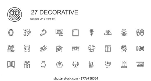 decorative icons set. Collection of decorative with candelabra, vase, forest, gift, room divider, window, gifts, garlands, armchair, flower. Editable and scalable decorative icons.