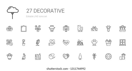 decorative icons set. Collection of decorative with flower, tree, gift, heart, floor, olive oil, vase, petals, gifts, flowers, window. Editable and scalable decorative icons.