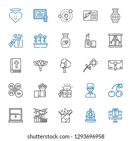 decorative icons set. Collection of decorative with gift, bird cage, window, cherry, priest, flowers, petals, flower, tree, bible, lipstick. Editable and scalable decorative icons.