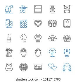 decorative icons set. Collection of decorative with heart, terrarium, gift, armchair, candelabra, tree, window, vase, gifts, forest, cage. Editable and scalable decorative icons.