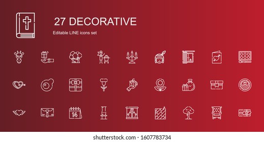 decorative icons set. Collection of decorative with tree, floor, window, vase, valentines day, gift, heart, gifts, flower, egg, native american. Editable and scalable decorative icons.