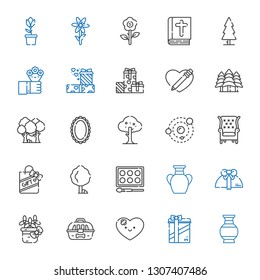 decorative icons set. Collection of decorative with vase, gifts, heart, cage, flower, gift, watercolor, tree, armchair, solar system, mirror. Editable and scalable decorative icons.