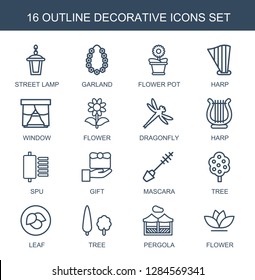 decorative icons. Trendy 16 decorative icons. Contain icons such as street lamp, garland, flower pot, harp, window, flower, dragonfly, spu. decorative icon for web and mobile.