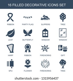decorative icons. Trendy 16 decorative icons. Contain icons such as ribbon, party flag, slippers, tree, leaf, butterfly, window, harp, fireworks. decorative icon for web and mobile.