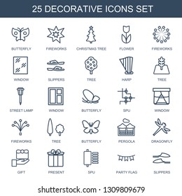 decorative icons. Trendy 25 decorative icons. Contain icons such as butterfly, fireworks, christmas tree, flower, window, slippers, tree, harp. decorative icon for web and mobile.