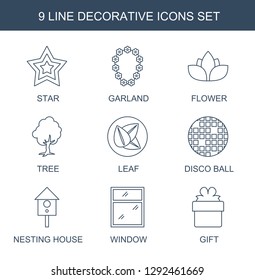 decorative icons. Trendy 9 decorative icons. Contain icons such as Star, garland, flower, tree, leaf, disco ball, nesting house, window, gift. decorative icon for web and mobile.