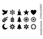 Decorative icons vector illustration with bird, snowflake, candle, star, heart, tree, flower and seasonal holiday symbols