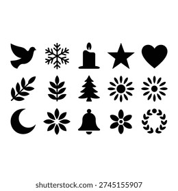 Decorative icons vector illustration with bird, snowflake, candle, star, heart, tree, flower and seasonal holiday symbols