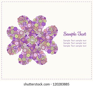 Decorative illustrated background with sample text and colorful decorative stylized flower. Template or design, scrapbooking and decoration