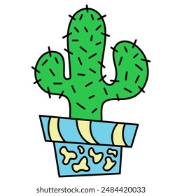 Decorative illustrated cactus in a pot line art illustration graphic element.