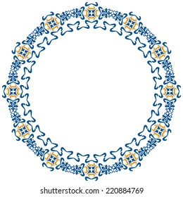 Decorative illustrated circle frame made of blue and orange elements