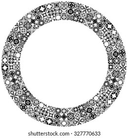 Decorative illustrated circle frame made of portuguese tiles in black and white