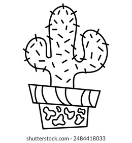 Decorative illustrated outlined cactus in a pot line art illustration graphic element.