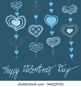 Decorative illustrated template for design greeting card, invitation, scrapbooking. Cute romantic background with different ornamental hearts. Hand drawn typography poster.