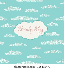 Decorative illustrated template for design with stylized text frame and cloudy background
