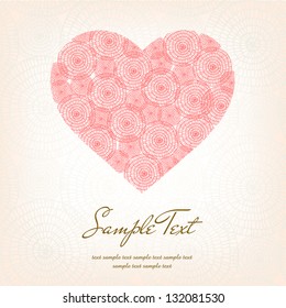 Decorative illustrated text background with lace ornamental heart. Template for design greeting cards, wedding invitations