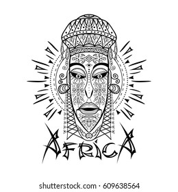 Decorative illustration with African mask isolated on white. Hand drawn design for print, label, poster, emblem, tattoo, coloring book page. Spirituality, occultism, mystic, religion, shamanism.