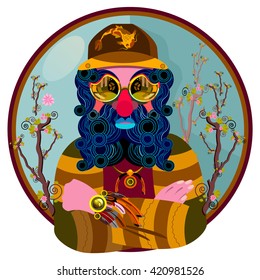 decorative illustration of the bearded man in the circle

