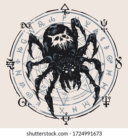 Decorative illustration with a big black spider on the background of a circle with a star and unreadable scribbles. Vector hand-drawn banner in retro style on a light background