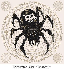 Decorative illustration with a big black spider on the background of cobweb and unreadable scrawls written in a circle. Vector hand-drawn banner in retro style