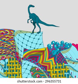 Decorative illustration with blue dinosaur - vector illustration