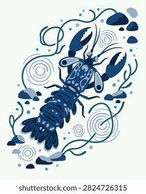 A decorative illustration of a blue lobster surrounded by swirling seaweed, pebbles, and water ripples.