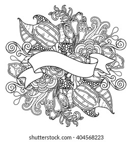 Decorative illustration with bolls, seedpods, leaves, ribbon in doodle style. Floral, ornate, decorative, tribal design elements. Black and white background. Zentangle coloring book page, tattoo