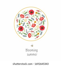 Decorative illustration with bright summer flowers. Folklore motifs, stylization of embroidery. Vector illustration. Manual graphics. 